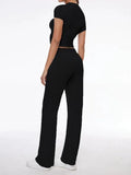 Short Sleeve Cropped Top Straight Leg Pants Set-Outfit
