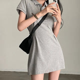 Toloer Chic Spring Retro Niche Lapel Slim Slim Pure Color Short Sleeve Short Package Hip Dress Short Skirt-Outfit
