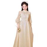 Chinese Adult Ceremony Collared Cheongsam Evening Dress Student Vocal Art Exam Dress 2025 New Long-Sleeved
