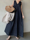 Dress Women 2023 New In Elegance Denim Vintage Casual Blue Clothes Korean Fashion LOOSE Ankle-Length Sleeveless