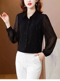 for Women Elegant 2023 Spring Summer Turn-down Collar Long Sleeve Solid Chiffon Button Shirt Casual Fashion Tops-Outfit