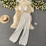 Toloer Vacation Suit Sexy Hanging Neck Wipe Chest Strap Top Hollow Out Knit Wide-Leg Pants Two