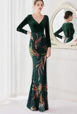 Winter Elegant Velvet With Sequins Deep V Neck Long Sleeve Slit Cocktail Eevening