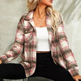 Plaid Print Coat Women Winter Long Sleeve Turndowm Collar Single Breasted Pocket Slim Woolen Blazer Casual Loose Warm Jacket