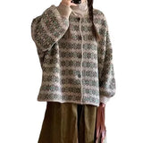 Jacquard Flower Round Neck Spring Sweater Cardigan Jacket 2024 New Autumn And Winter Vintage Loose Sweater-Outfit