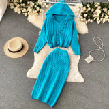Thick Knitted Set Women Long Sleeve Short Hooded Sweater+Sexy Bodycon Skirts New Autumn Winter Two Piece