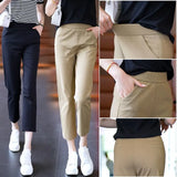 Women Pants Korean Style 2023 Summer New High Waist Slim Thin Crop Casual Solid Pockets Elegant Fashion Trousers-Outfit