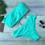 Solid Bikini Women Beach Padded Strapless Brazillian Swimsuit High Waist Back Lace Up Female Biquini Bathing Suit
