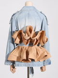 Toloer 2024 The New Lapel Color Flounce Lace Temperament Long Sleeve Senior Sense Denim Work Coat Female-Outfit