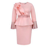 Round Collar Horn Sleeve Temperament Dress Party Wind Lotus Leaf Side Squint High Waist Dress