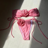 2024 New Solid-Colored Rose Breast Drawstring Strap Split Swimsuit