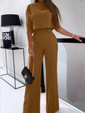 2 Pieces Sets Elegant T Shirts Half Sleeve And Wide Leg Pant Outfits Women Solid 2 Pant Sets For Women Casual Fashion-Outfit
