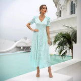 New Dress Spring Lace Mid-Swear Temper Commuting High-Waisted Green V-Neck