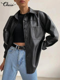 Women's Leather Jacket Autumn 2021 Thin Bomber Jacket Celmia Vintage Long Sleeve Coats Buttons Lapel Casual Solid Work