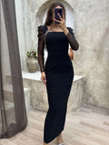 Elegant Party Dresses Women Skinny Mesh Long Sleeve Square Neck Vintage Black Ankle Length Dresses Women Autumn New-Outfit