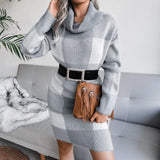 Autumn And Winter Casual Lattice Turtleneck Sweater Dress Knitted Dress Women's