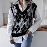 Style Casual Vest Sweater Autumn Winter V-neck Loose Argyle Fashion Knit Tops Vest Women Loose Vintage Sweaters