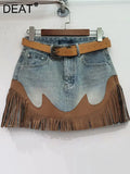Women's Denim Skirt High Waist Spliced Contrast Color Irregular Tassel A-line Mini Skirt 2024 Summer New Fashion 29L1572-Outfit