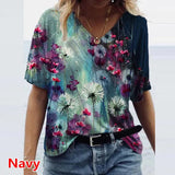 Flower Print T-Shirts Casual 3D Painting Graphic Tops Fashion Short Sleeve Y2K V Neck Female Tees Tshirts Plus Size