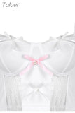 Y2K Kawaii Lace Corset Women Transparent Mesh Patchwork Camisoles Bandage Ruffle Crop Top Party Japanese Tank Top