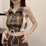 Plaid Camis Women Summer Sexy Slim Irregular Casual Halter Neck Tops Fashion Female Korean Chic Lace Up Lapel Crop Tank-Outfit