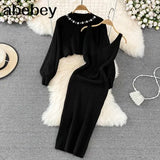 Beading Knitted Women Sets Loose Long Sleeves Sweater+ Solid Elastic Dress French Style Casual Two Piece