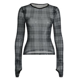 Toloer And Spicy Retro Black And Gray Color Plaid Perspective Slim Short Mesh T-Shirt Autumn Personality Show Thin Versatile Jacket-Outfit