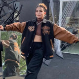 2022 Retro Leather Stitching Baseball Uniform Jacket Female Autumn Winter Couple Embroidered Long Sleeve Hip Hop Bomber