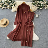 Senior Sense Loose External Medium And Long Knitted Cardigan Jacket + Sleeveless Metal Buckle Joint