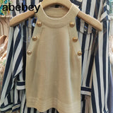 Quality 2022 Summer New Hollow Out Womens Tank Tops Thin Knitted Sleeveless Sexy Tops Golden Buttons Camisole Women