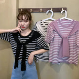 Red Fashion Short-Sleeved Knitted Shirt 2025 New Ocean Shawl Fake Two T-Shirt Striped