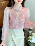 Han Queen Simple Autumn Blusas Elegant Bead Embroidery Blouses Womens Korean Loose Casual Vintage Shirts OL Office Work Tops-Outfit