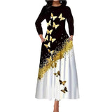 Women's Autumn And Winter Butterfly Print Long-Sleeved Dress Pocket Temperament Round Tie Sling A Word Long
