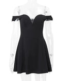 Black Off-shoulder Deep Neck Mini Dress-Outfit
