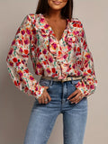 And Summer Fashion Printed Shirt Women 2025 New V-Neck Chiffon Top Loose Lantern Sleeve Shirt