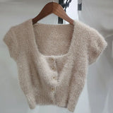 Of Sting Velvet Autumn Temperament High Waist Exposed Umbilled Short-Sleeved Sweater New Ocean Knitted Open Shirt Bottom