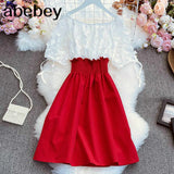 New Summer Sweet fake two piece Slash neck Dress three dimensional flower stitching waist closing slim