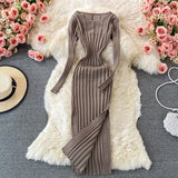 Women Korean Knitted Dress Long Sleeve O Neck Elastic Slim Pencil Dress Autumn Winter Sexy Bodycon Split Sweater