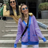 V-neck Lantern Long Sleeve Cardigan Women Knitted Printed Oversized Sweater 2022 Fall New Single-breasted