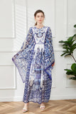 Court Style Temperament Round Collar Horn Long Sleeves Loose Celadon Print A-Word Dress Seaside Holiday