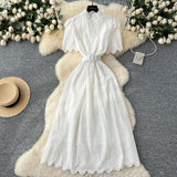 Lady Dress 2025 Summer Waists Slim Collar Short-Sleeved Hollow Hook Embroidery Single Row Buckle