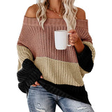 Toloer And Winter Women's One Word Collar Loose Splicing Color Knit Jumper Sweater