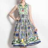 New Court Style Sleeveless Collar To The Waist Showing Thin Sweet Gas Print In The Long Dress