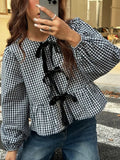 Women's Plaid Loose Bow Long-Sleeved