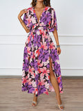 New Floral Print Dress Tight Belt V-Neck Short-Sleeved Dress