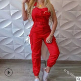 Women's Work-Packed Pocket Design Jumpsuit Sleeveless Backs And Trousers Simple Restraints Trousers +