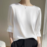 Toloer Summer Female New Round Collar Temperament Loose Short Pearl Sleeve Decoration Simple And Versatile T-Shirt-Outfit
