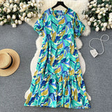 Dress Women's 2024 Summer Dress New Loose Leisure Fashion Print Medium-Long Bubble Sleeve Holiday Dress-Outfit