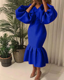 Commute Plus Size Women's Fashion Solid Color V-neck Bubble Long Sleeve Fishtail