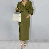 Toloer 2024 New Women's Wear Temperament Elegant Solid Color Long Sleeve Lapel Slim Dress